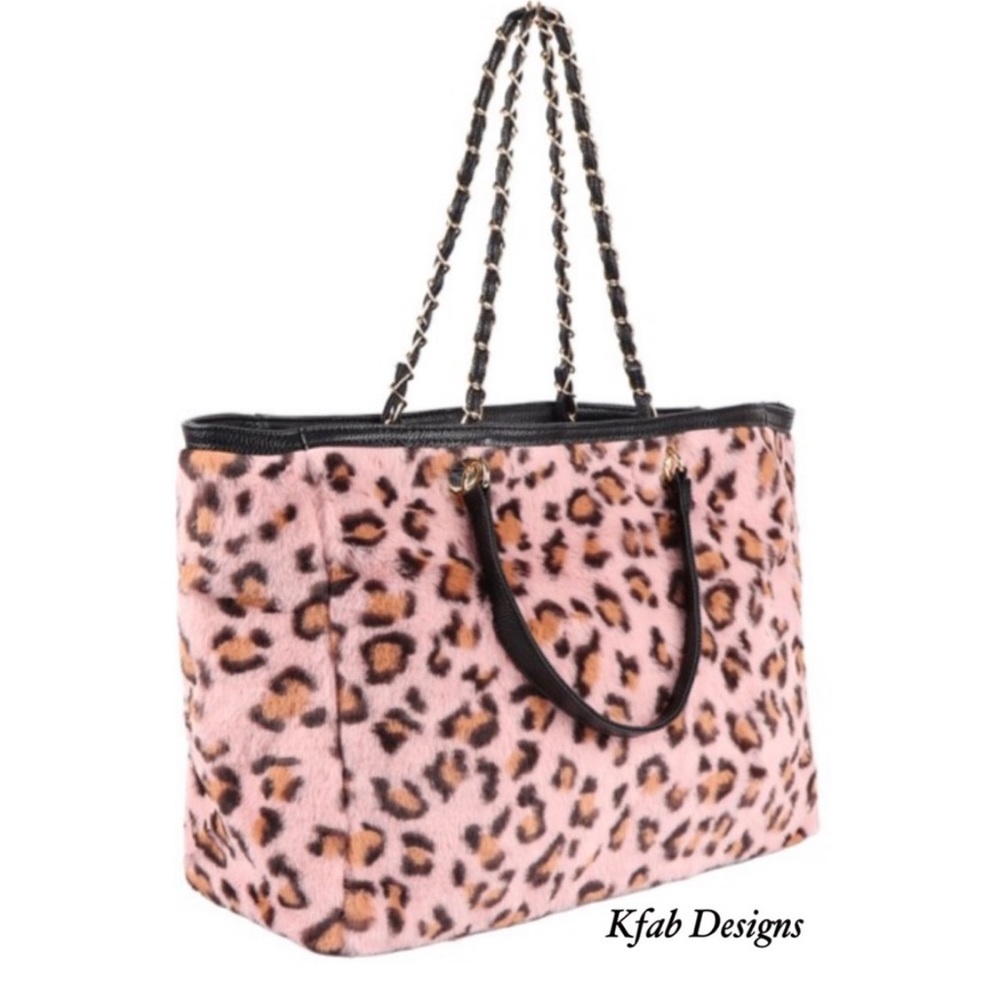 New! Gorgeous Large Pink Faux Fur Leopard Large Adjustable Handle Bag!